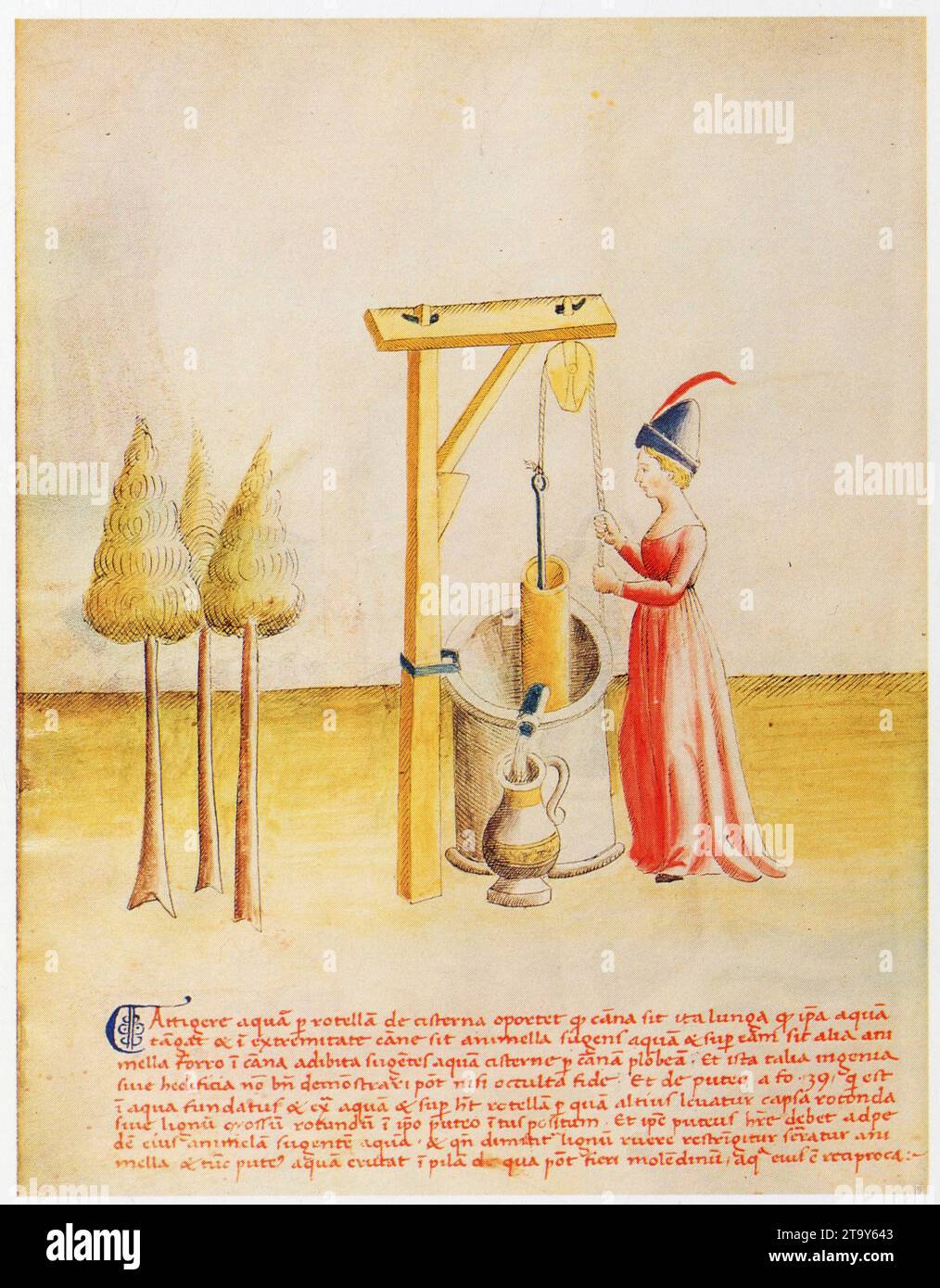 Paolo Santini. Pompe de puits à piston actionnée par un personnage féminin. Stock Photo