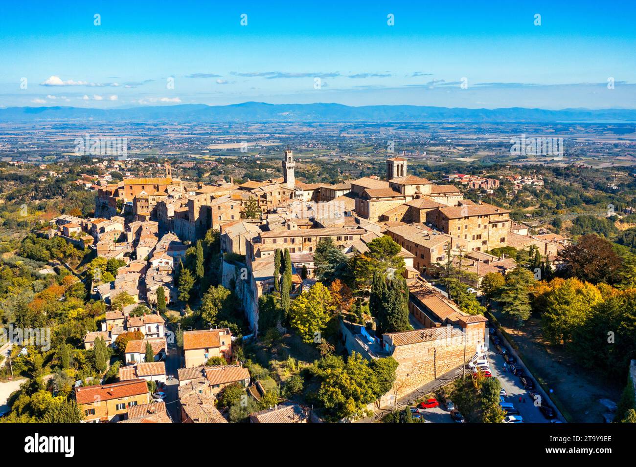 Village of Montepulciano with wonderful architecture and houses. A beautiful old town in Tuscany, Italy. Aerial view of the medieval town of Montepulc Stock Photo