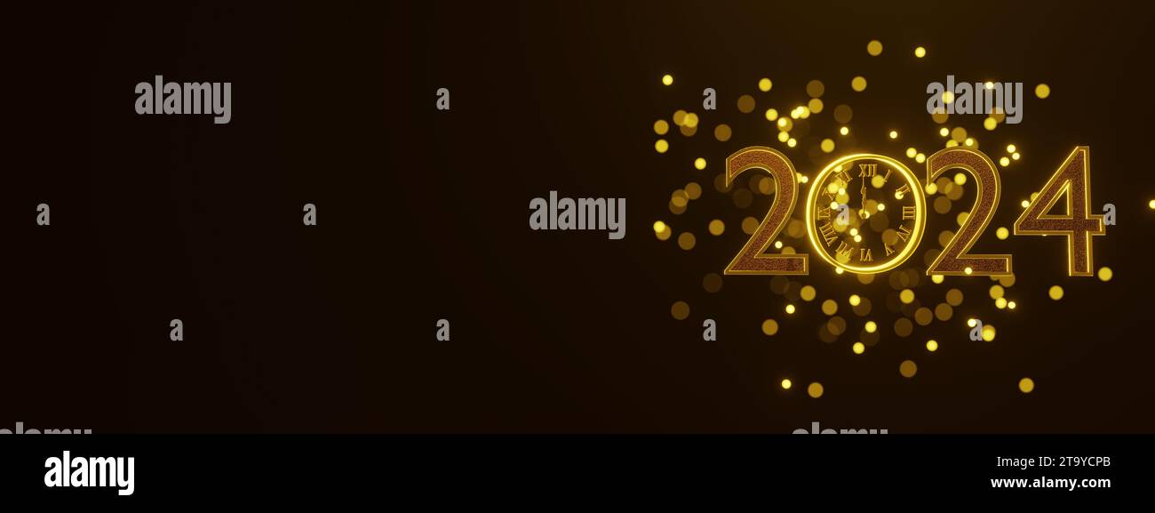 New year 2024 clock countdown background. Gold glitter shining in light