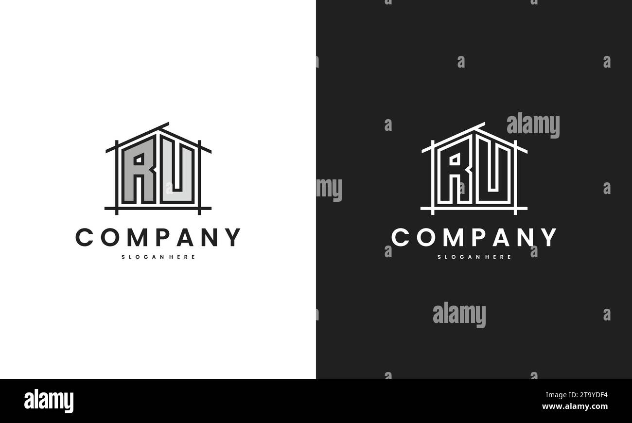 Initial RU home logo with creative house element in line art style vector design template. Stock Vector