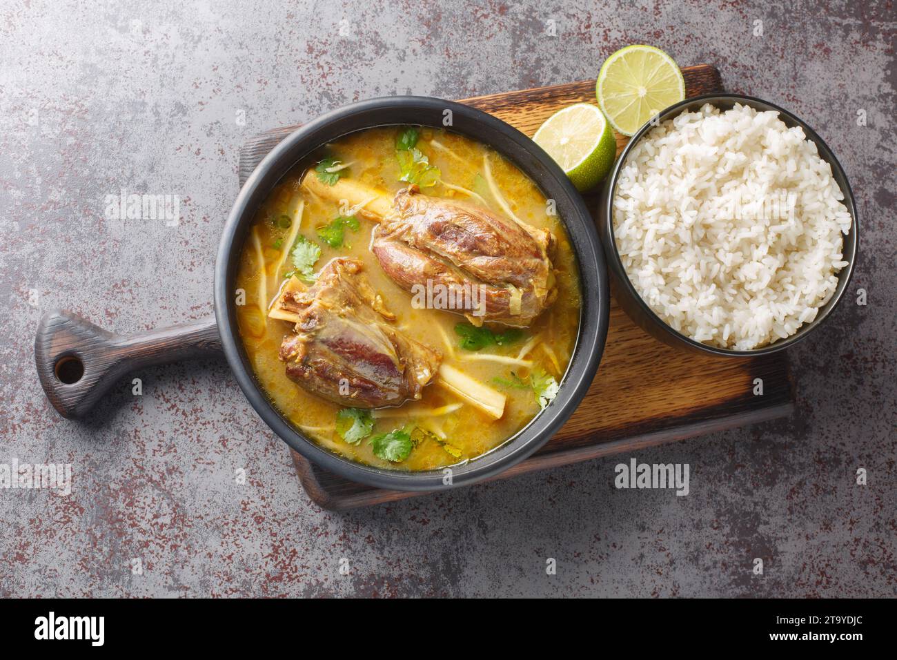 Nalli Nihari Indian Slow cooked Lamb Stew with rice closeup on the wooden board on the table. Horizontal top view from above Stock Photo