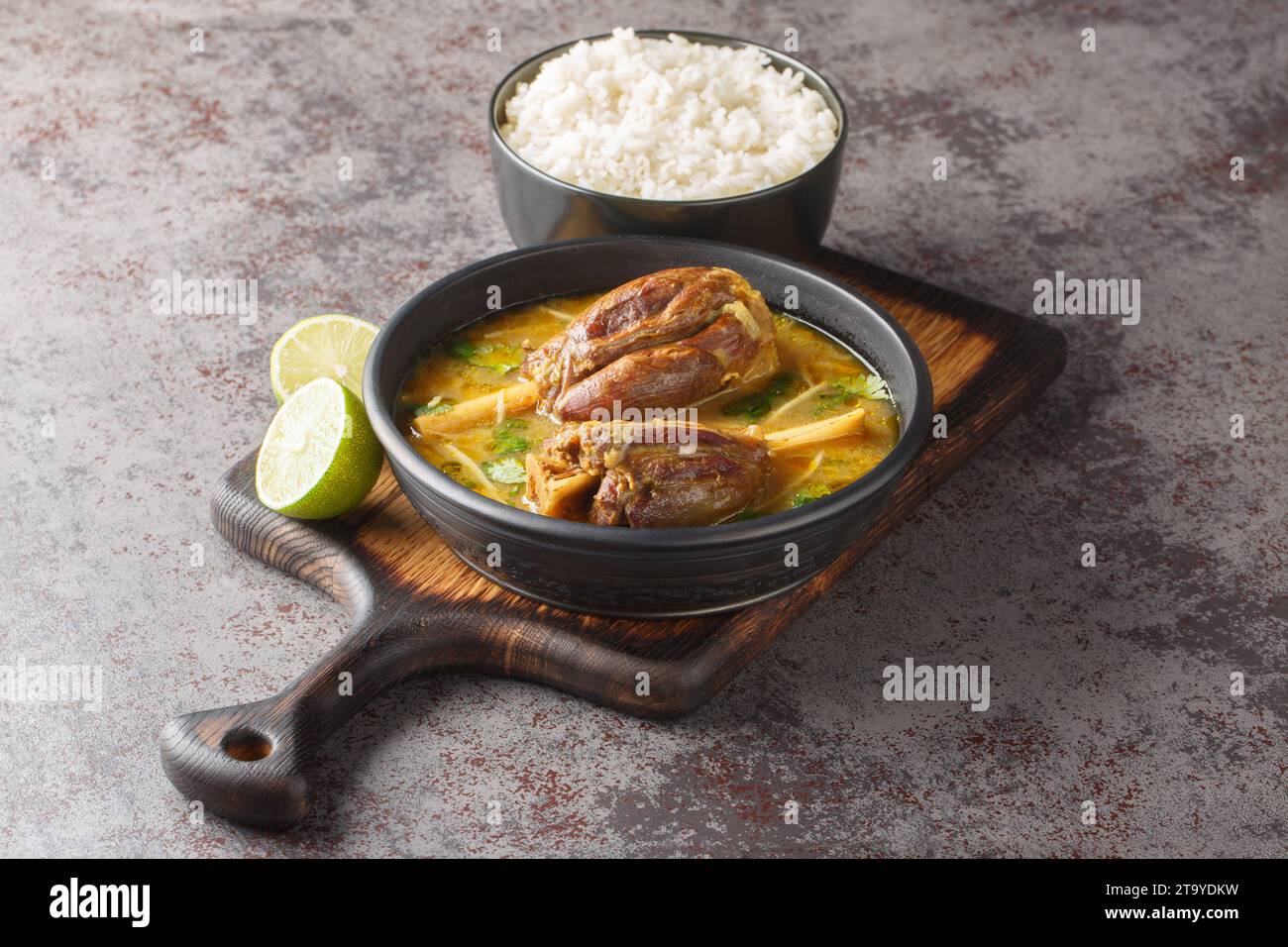 Lamb nihari, pakistani curry cuisine with garnish rice closeup on the wooden board on the table. Horizontal Stock Photo
