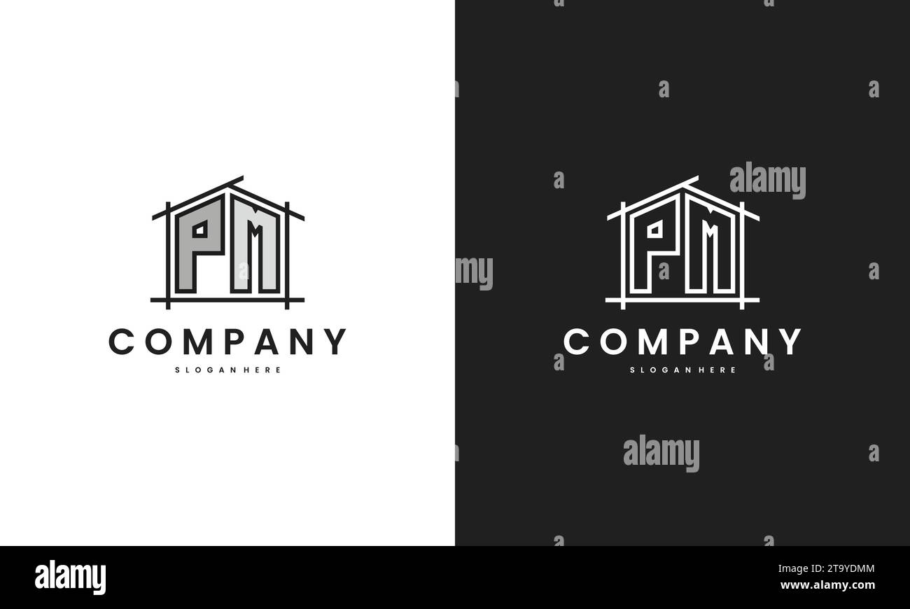 Initial PM home logo with creative house element in line art style vector design template. Stock Vector