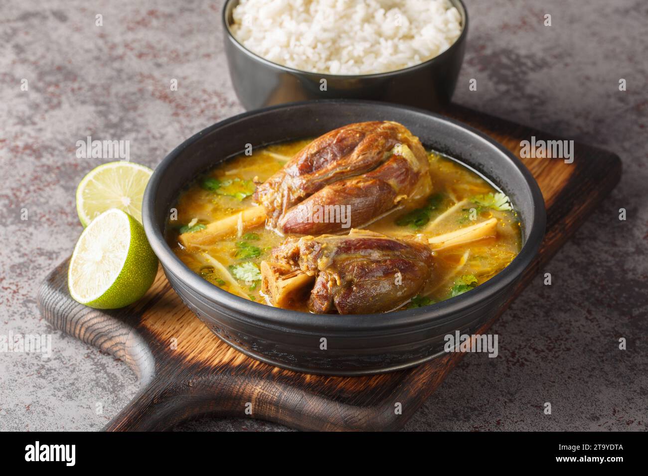 Nalli Nihari Indian Slow cooked Lamb Stew with rice closeup on the wooden board on the table. Horizontal Stock Photo