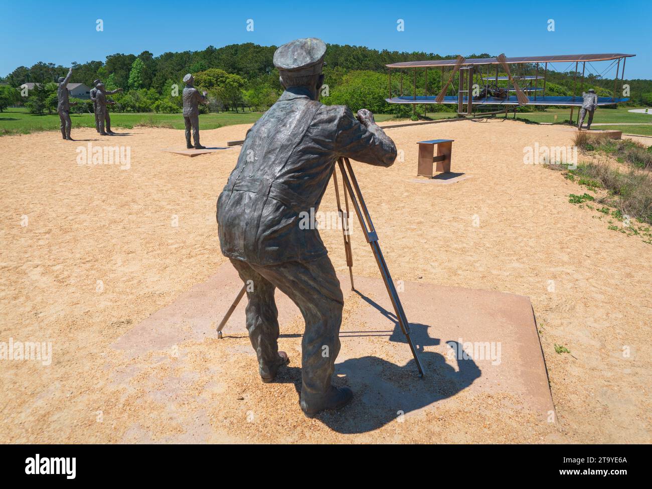 Statues and Monument to the Famous First Flight at Wright Brothers National Memorial in North Carolina Stock Photo