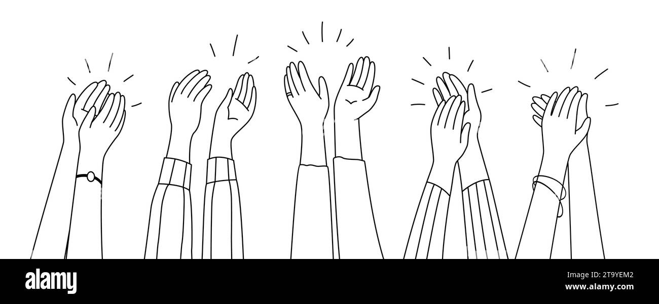 Doodle applause hands, isolated vector raised clapping arms in joyous applauding, a universal symbol of appreciation and celebration. An expression of approval and support, hand drawn linear Stock Vector