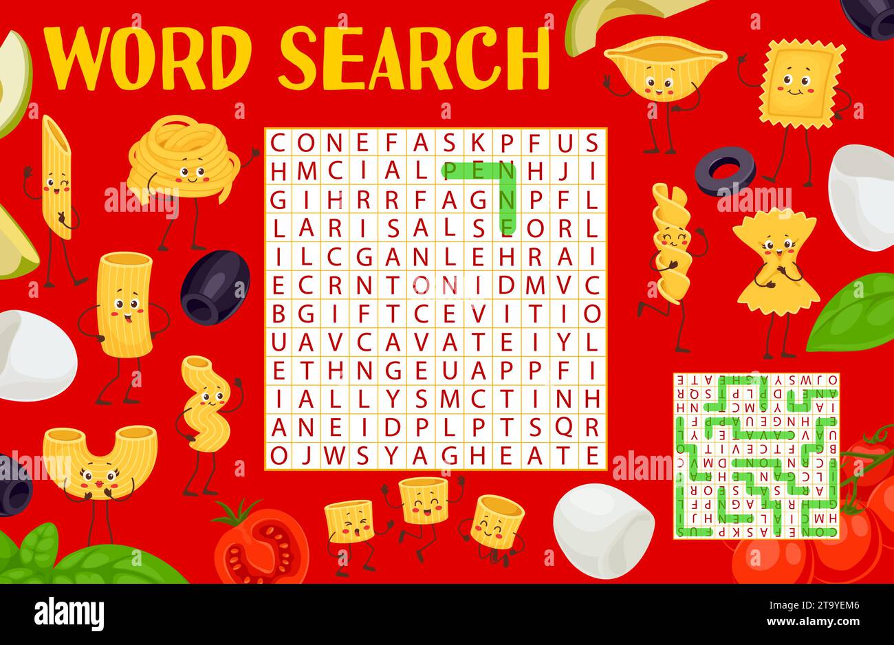 Word search puzzle game Funny italian pasta characters word maze quiz