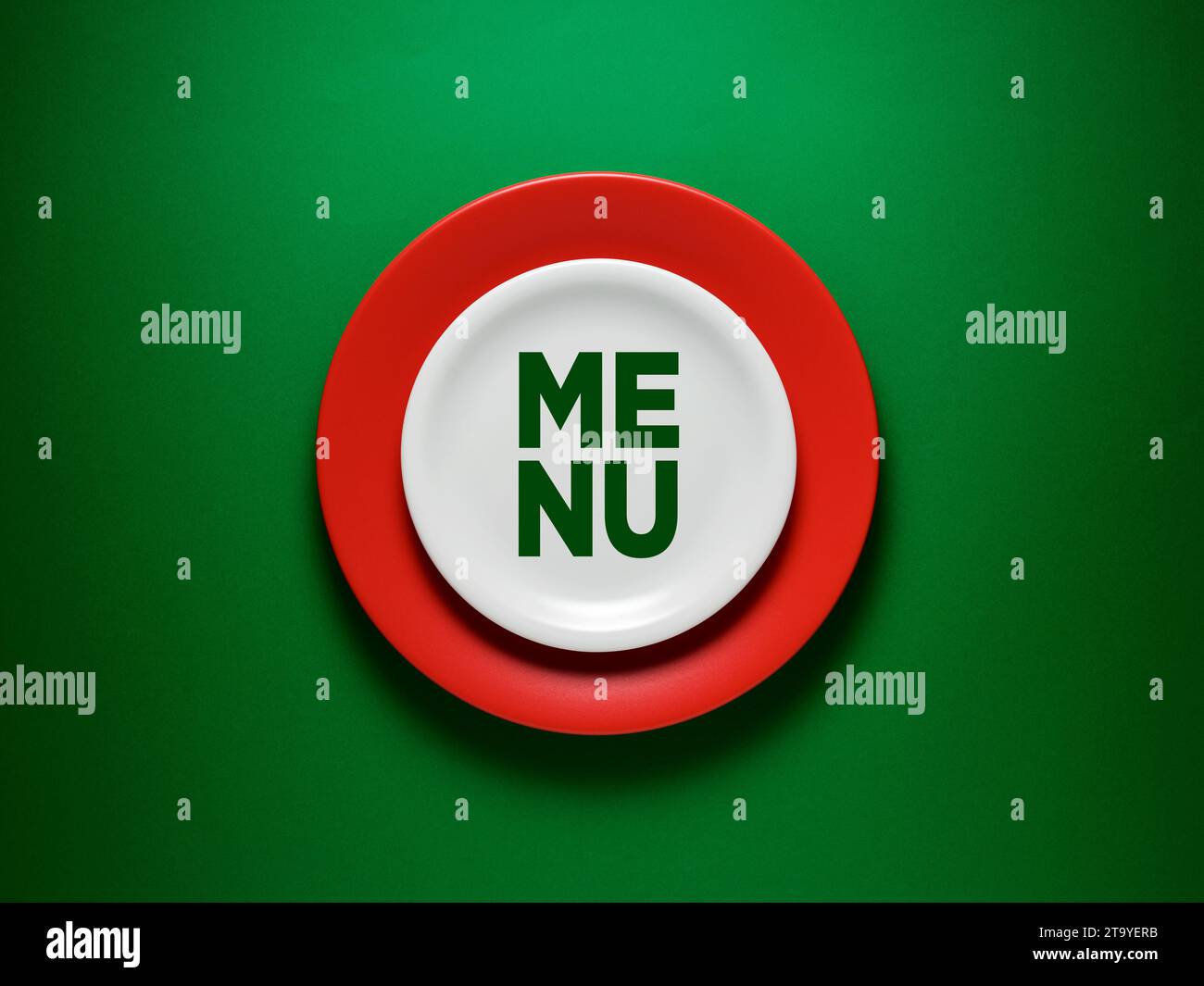 The word Menu on ceramic white plate over green background. Restaurant ...