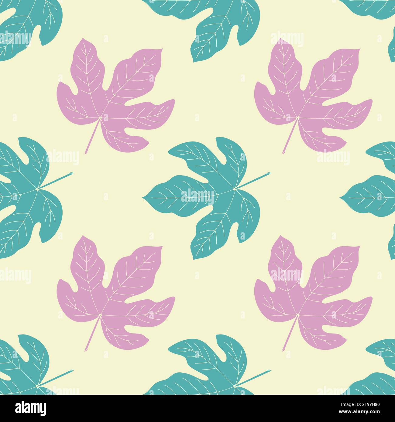 Figs pattern with hand drawn leaves, blue and pink colors. Vector