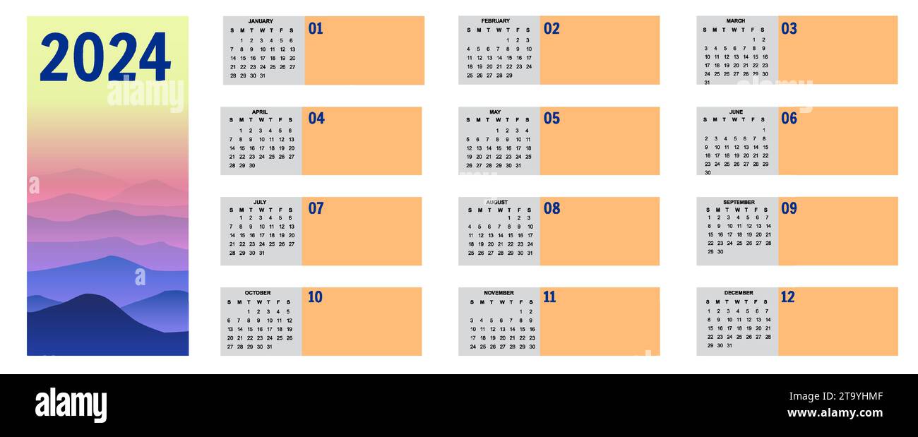 2024 Calendar, planner. Sunday start annual calendar template with cover  landscape minimalistic Stock Vector Image & Art - Alamy