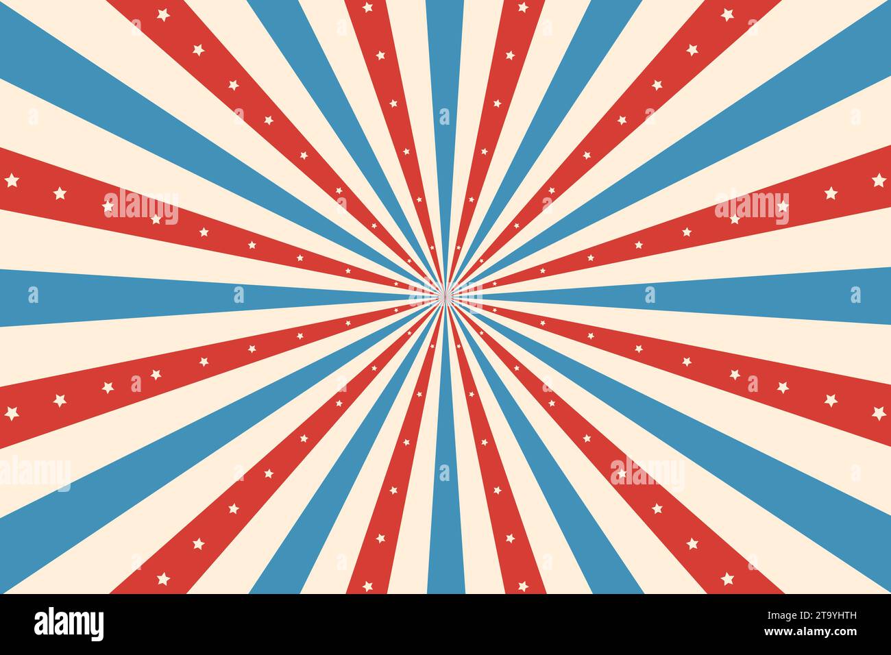 Vintage circus rays background. Vector vibrant retro backdrop, burst of red, blue or white radiating rays and stars, in style of usa flag. A nostalgic explosion of hues that takes you back to the past Stock Vector