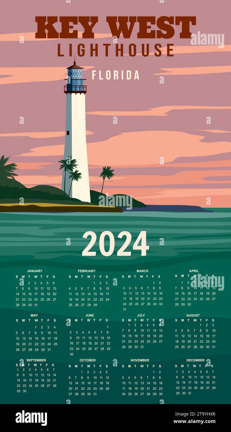 Calendar 2024 Poster Key West Lighthouse Florida Retro Stock Vector