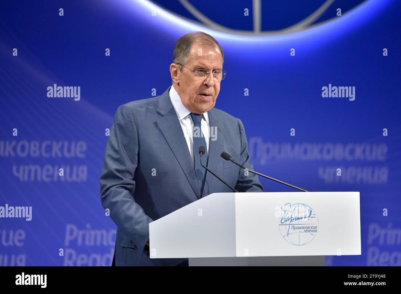 Moscow, Russia. 27th Nov, 2023. Russian Foreign Minister Sergei Lavrov addresses the Primakov Readings International Forum in Moscow, Russia, Nov. 27, 2023. Any new United Nations Security Council (UNSC) members should come from developing countries, Russian media reported Monday, citing Foreign Minister Sergei Lavrov at the Primakov Readings International Forum in Moscow. Credit: Alexander Zemlianichenko Jr/Xinhua/Alamy Live News Stock Photo