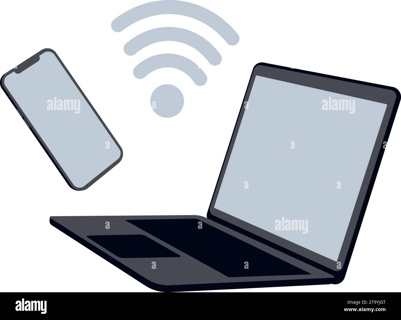 Laptop and mobile phone with wifi symbol. Wireless technology devices