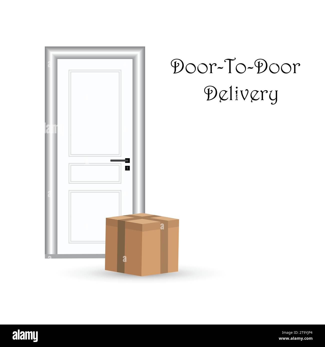 Parcel in front of a door with the text door to door delivery Stock Vector