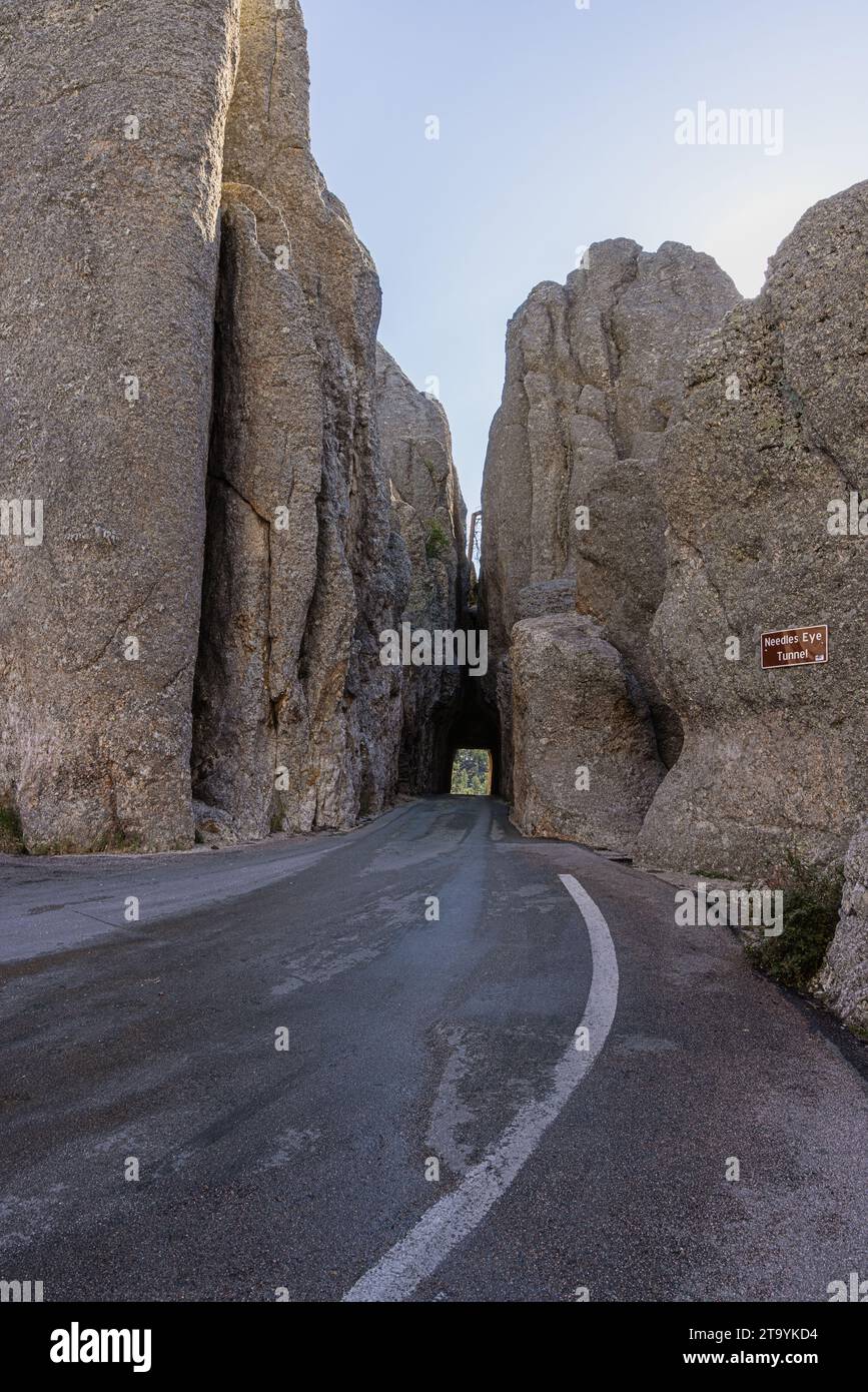 The turn into the Needles Eye Tunnel on the Needles Highway in the