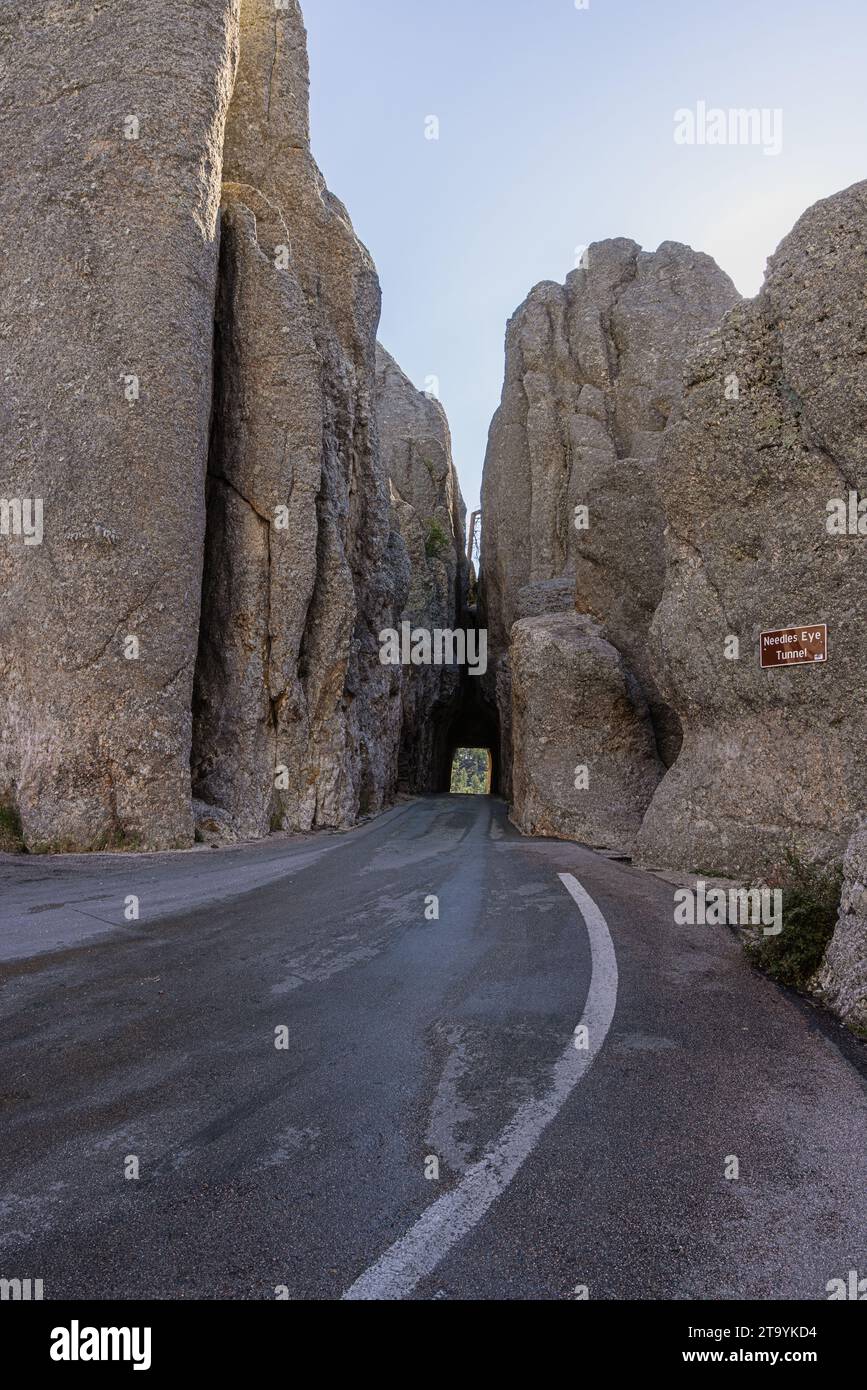 The turn into the Needles Eye Tunnel on the Needles Highway in the Custer State Park, South Dakota Stock Photo