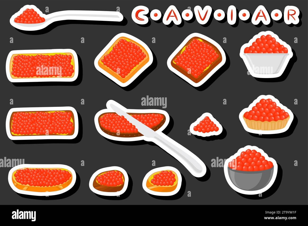 Illustration on theme big set various types fish caviar, bread different size Stock Vector