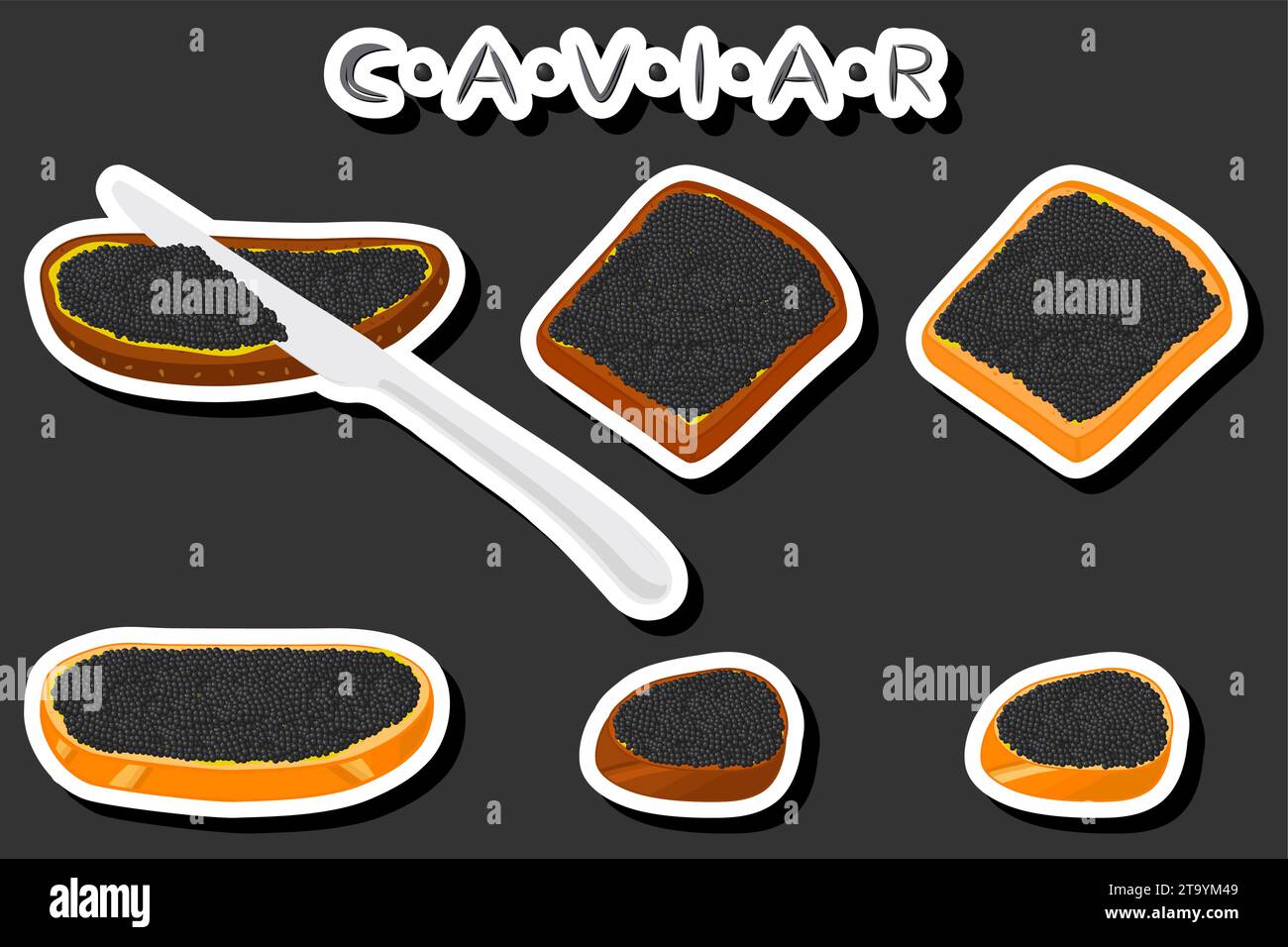 Illustration on theme big set various types fish caviar, bread different size Stock Vector