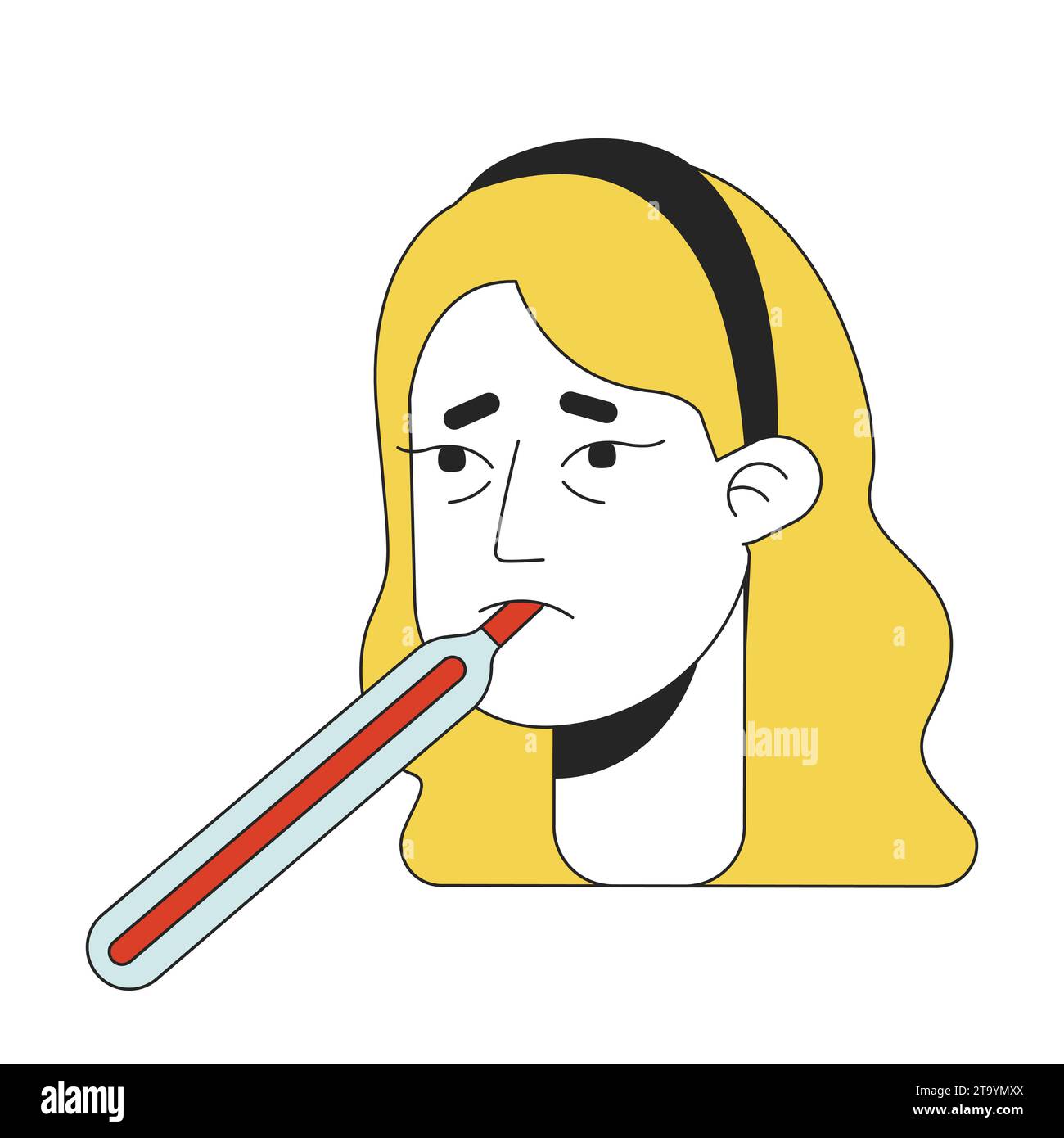 Caucasian woman taking oral temperature 2D linear vector avatar