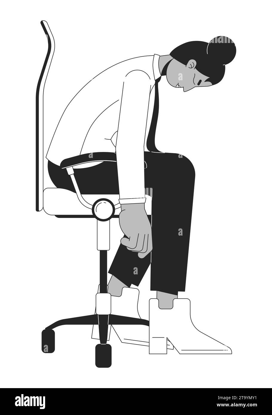 Black female employee falling asleep on office chair black and white 2D