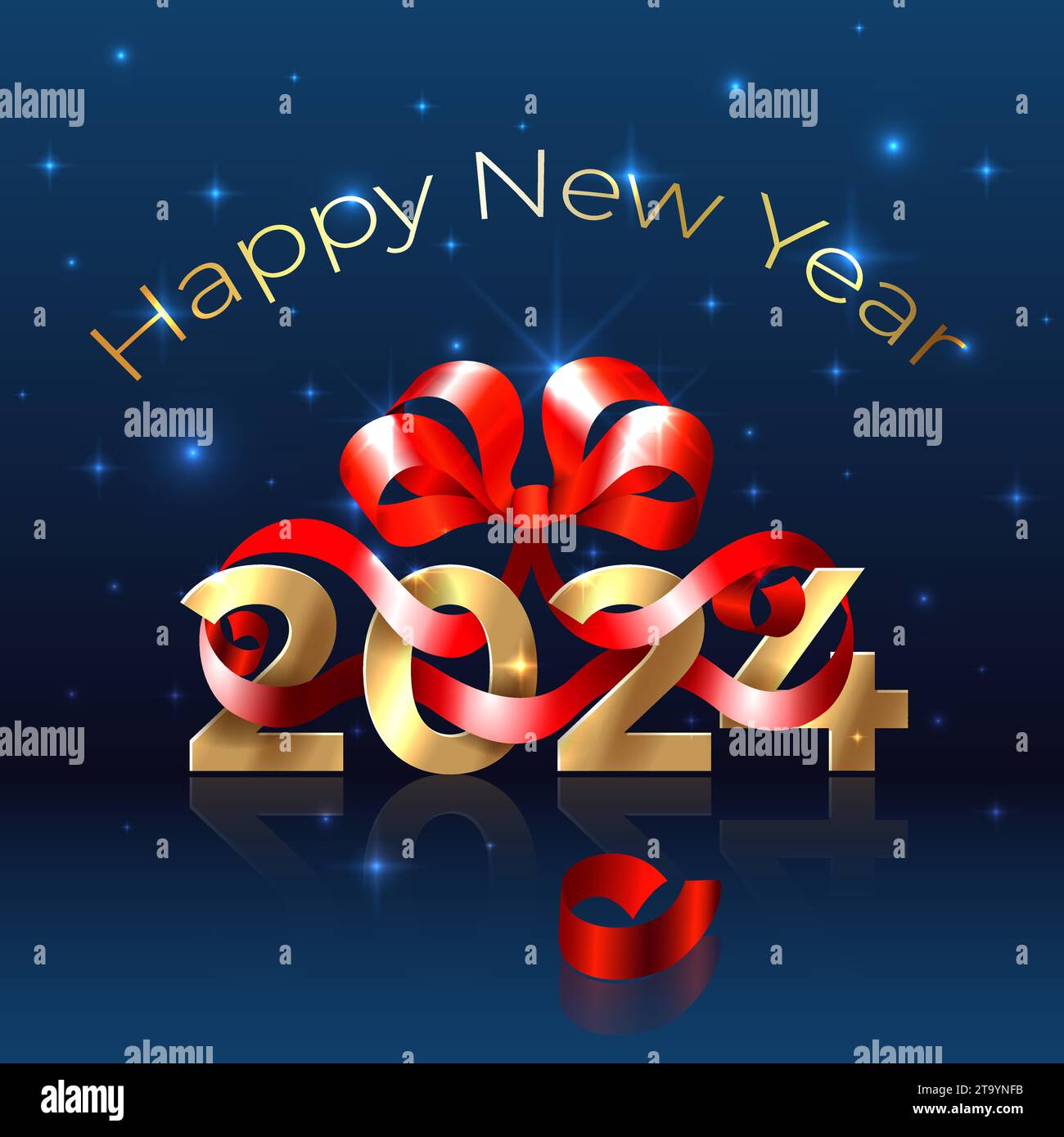Happy New Year 2024, 24. Shiny golden 2024 with red ribbon, bow on blue