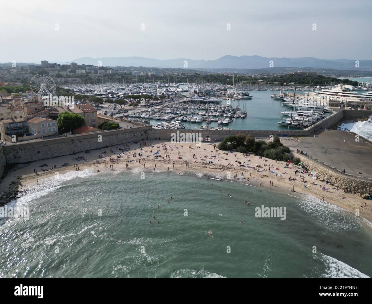 Antibes beach France drone,aerial crowed with people Stock Photo