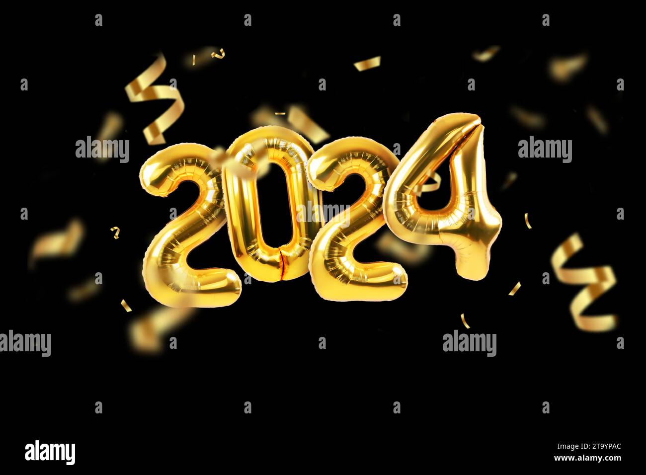 Happy new year 2024 golden balloons with gold confetti on a black