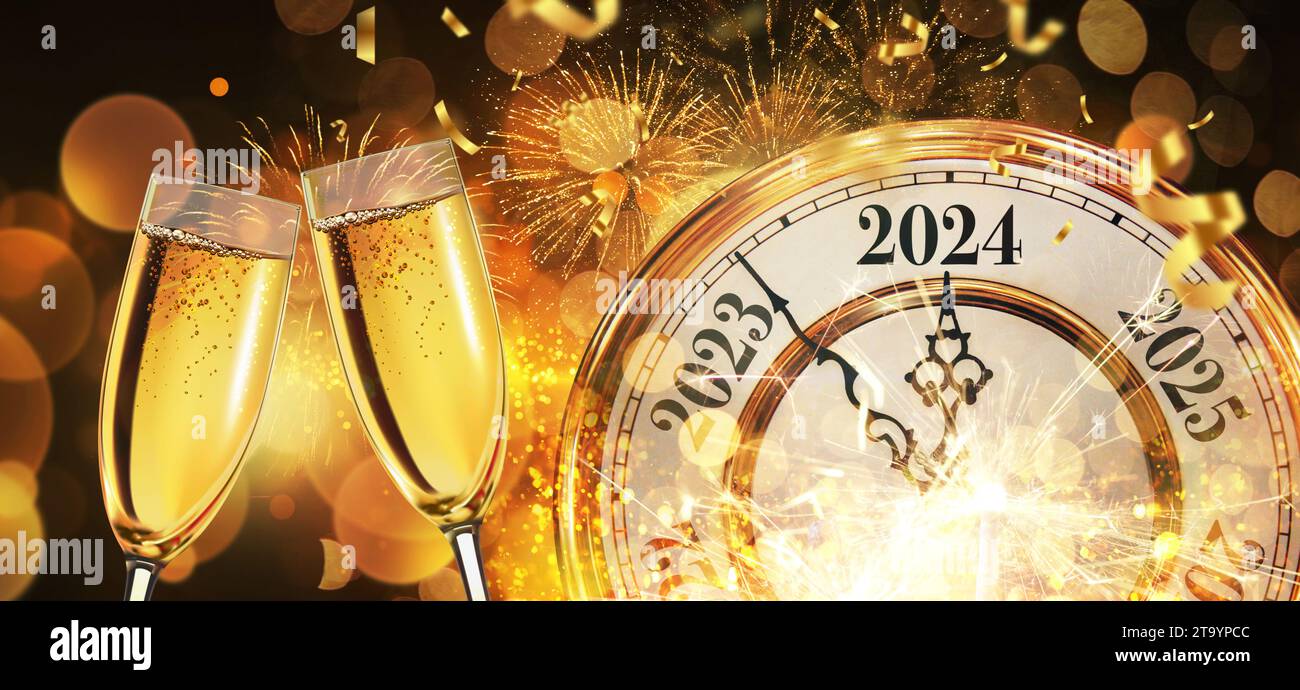 New Year 2024 with gold vintage clock, champagne, confetti and fireworks, concept. New Year's Eve, creative idea Stock Photo