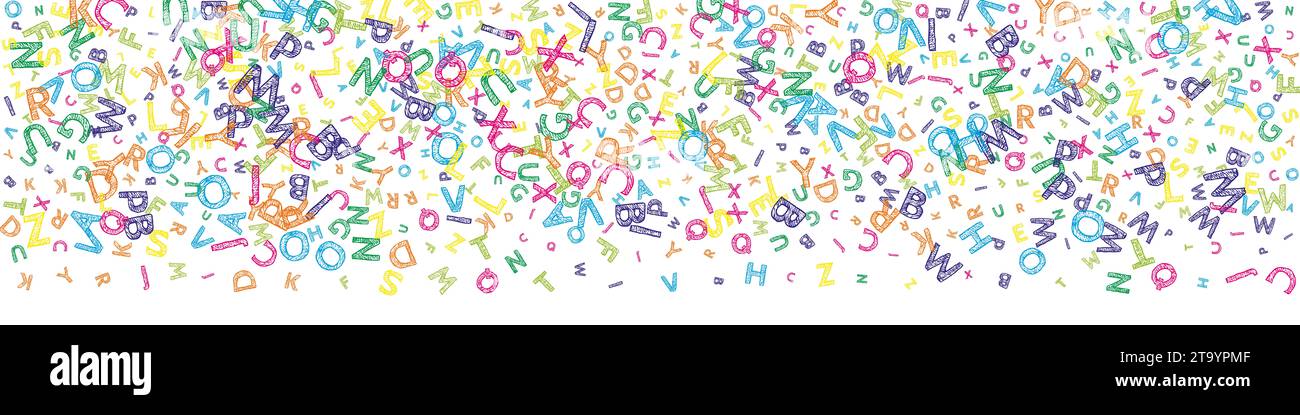 Falling letters of English language. Colorful messy sketch flying words ...