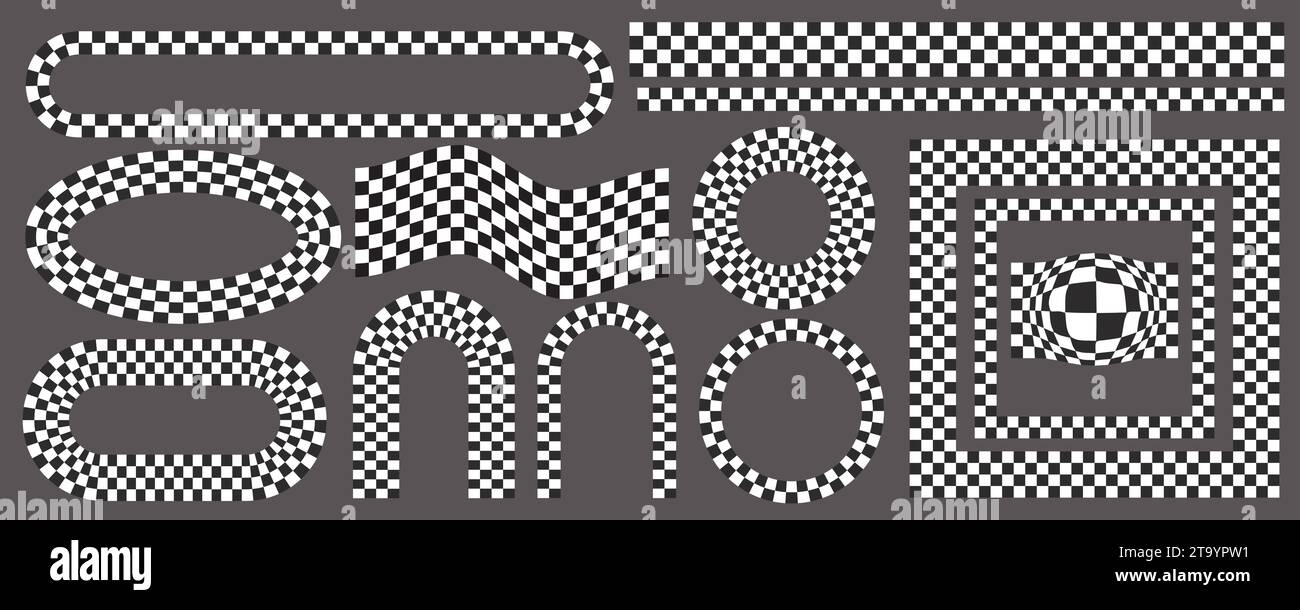 Checkerboard frames set. Circle and square patterns with black and white chess pattern.Y2k geometric shapes. Vector retro groovy illustration Stock Vector