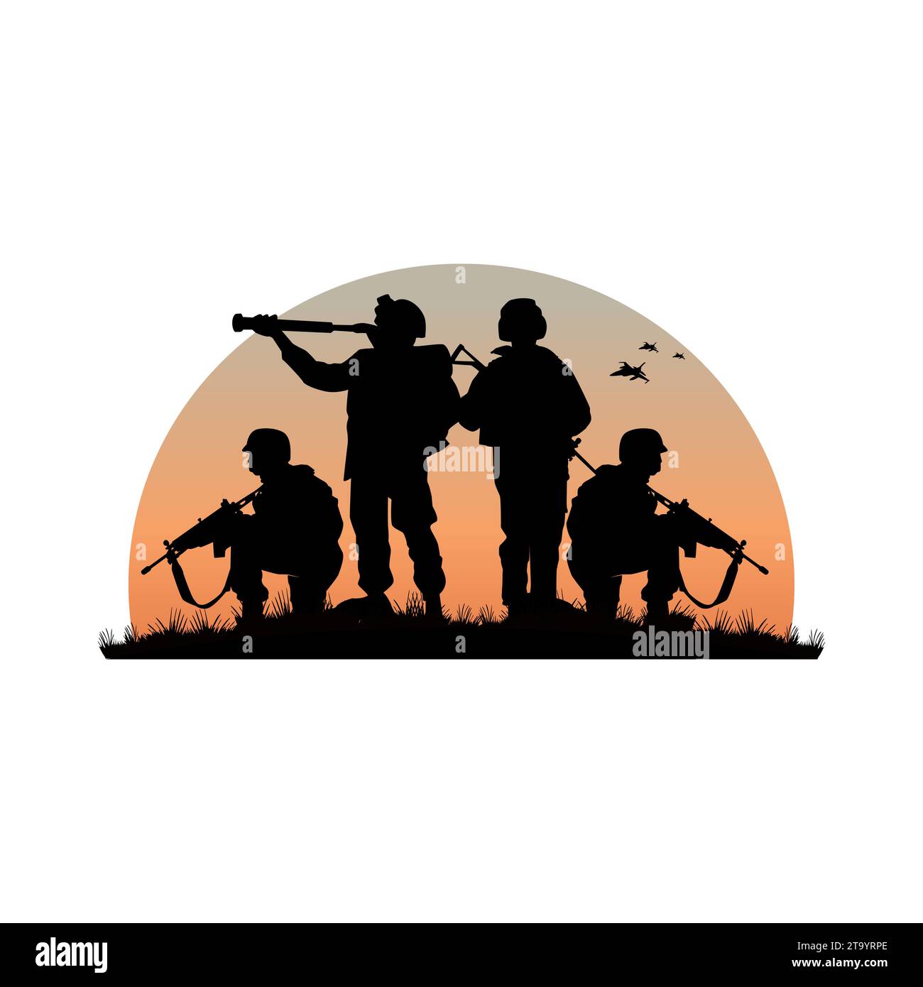 Silhouette of military rangers with weapons during the raid Stock Vector