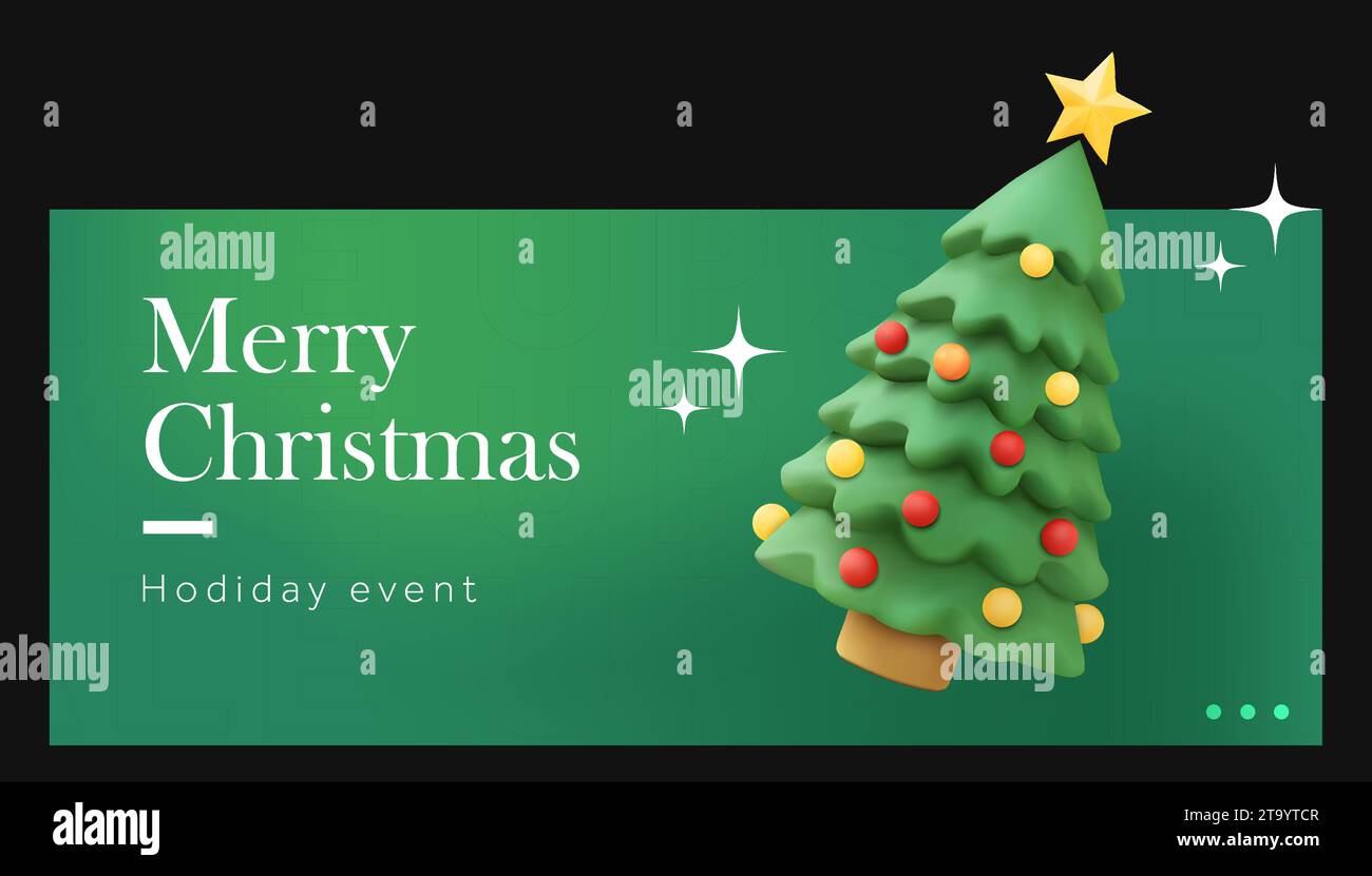 3D Merry Christmas banner template with noel pine tree decorated with ...