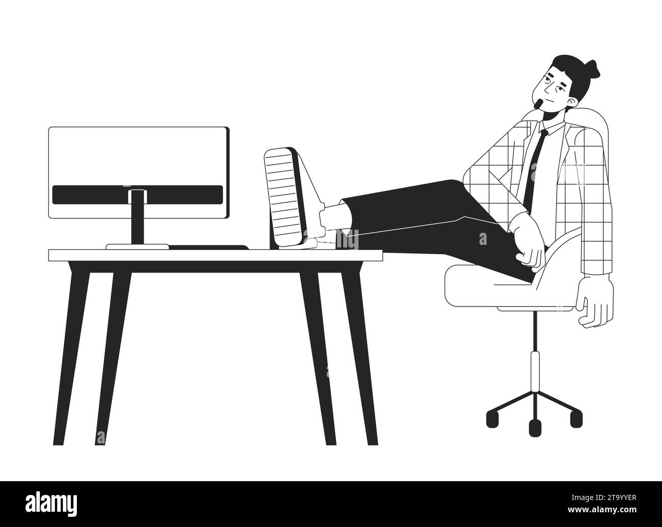 Male employee exhausted after meeting deadline black and white 2D line