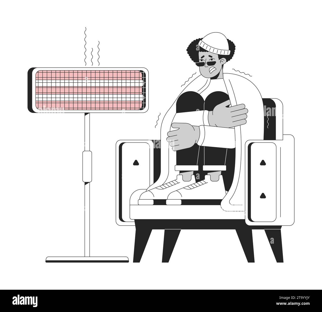 Using electric heater in winter black and white cartoon flat