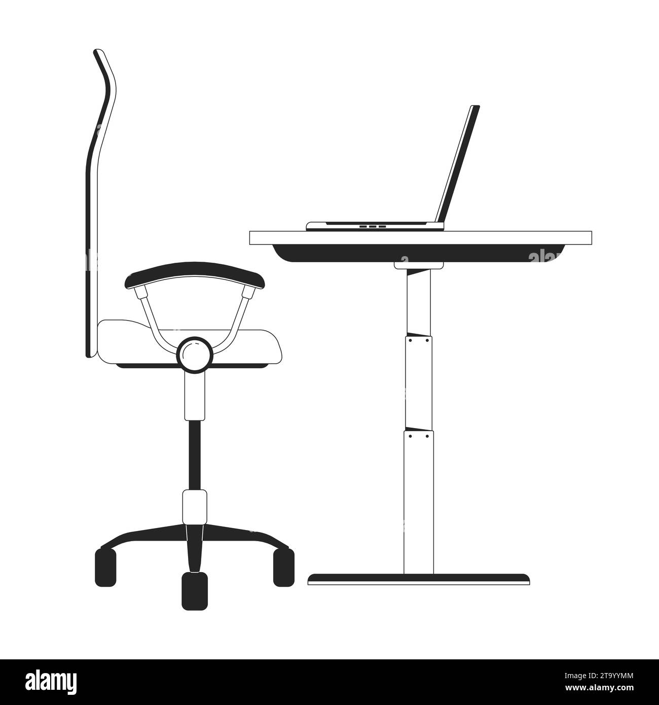 Sitting workstation laptop black and white 2D line cartoon object Stock Vector