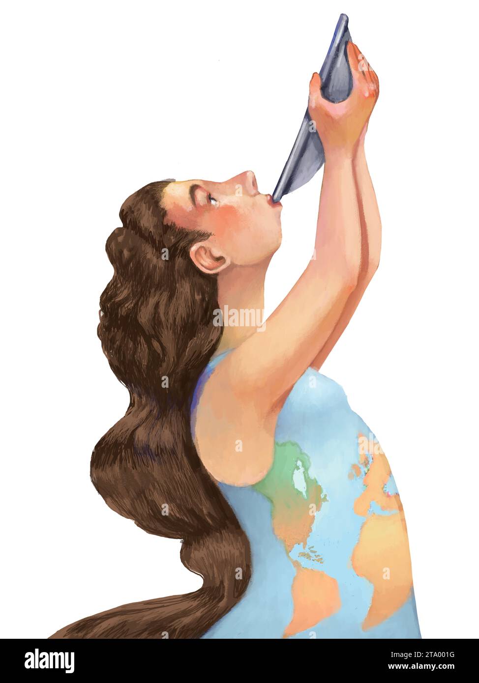 A woman in profile as she eats from a plate and on her dress is drawn a map of the world, a metaphor for the women's nutrition program concept Stock Photo