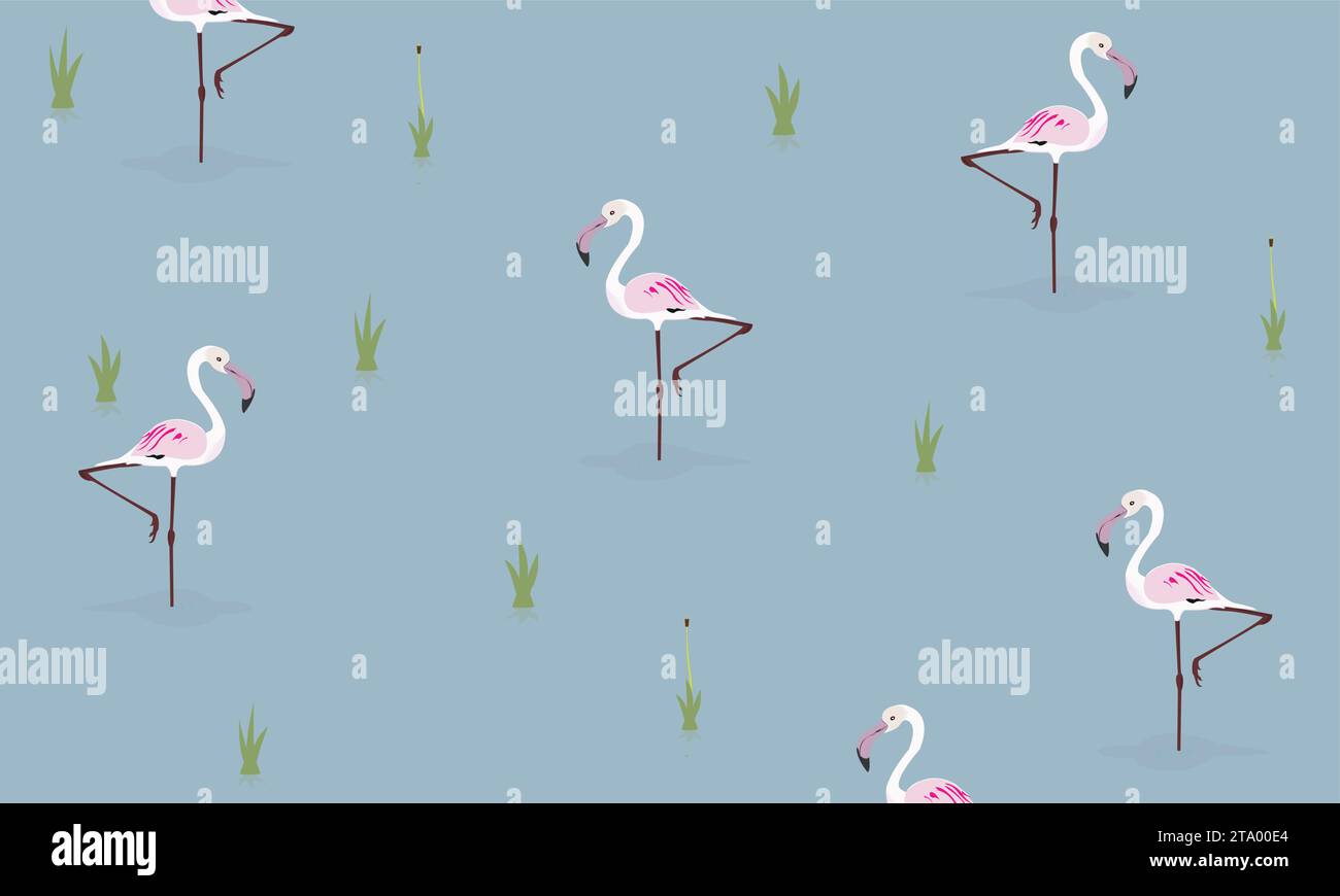 Tropical pink flamingo birds and plants, seamless pattern. Repeating print, endless blue background design in Scandinavian style. Printable flat vecto Stock Vector