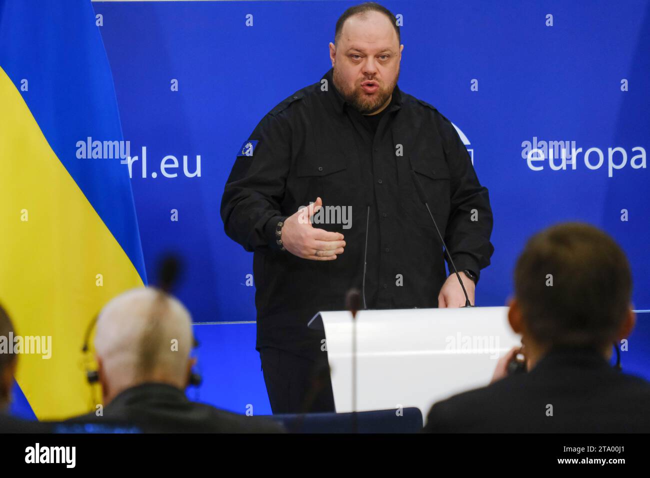 Brussels, Belgium. 28th Nov, 2023. Press conference by President of European Parliament Roberta Metsola and Ruslan STEFANCHUK, Speaker of the Ukrainian Parliament (Verkhovna Rada) in Brussels, Belgium on Nov. 28, 2023. Credit: ALEXANDROS MICHAILIDIS/Alamy Live News Stock Photo