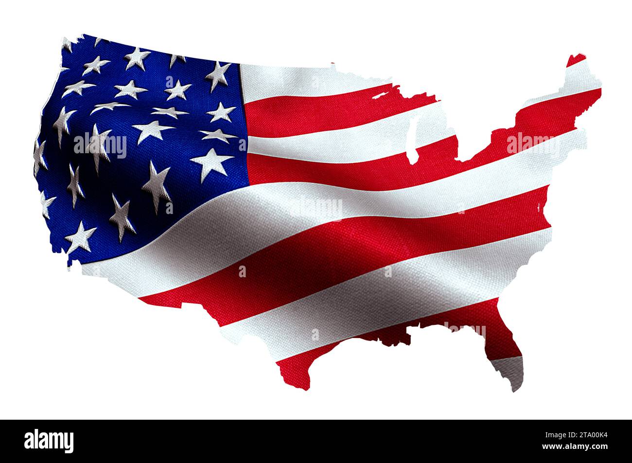 map of American USA with waving flag in background, united states of america, stars and stripes Stock Photo