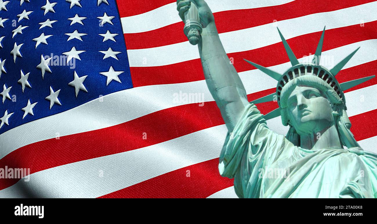 Statue of Liberty of American USA with waving flag in background, united states of america,  stars and stripes Stock Photo