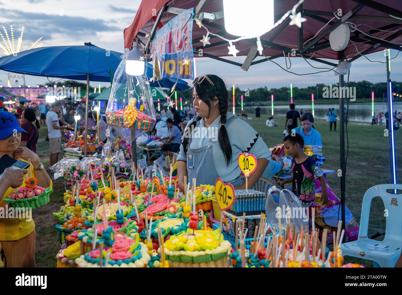 Krathongs for sale at a Thai street market as part of the Loy Kratong festivities in the area of the Viharna Sie Temple in Pattaya Distrcit Chonburi i Stock Photo