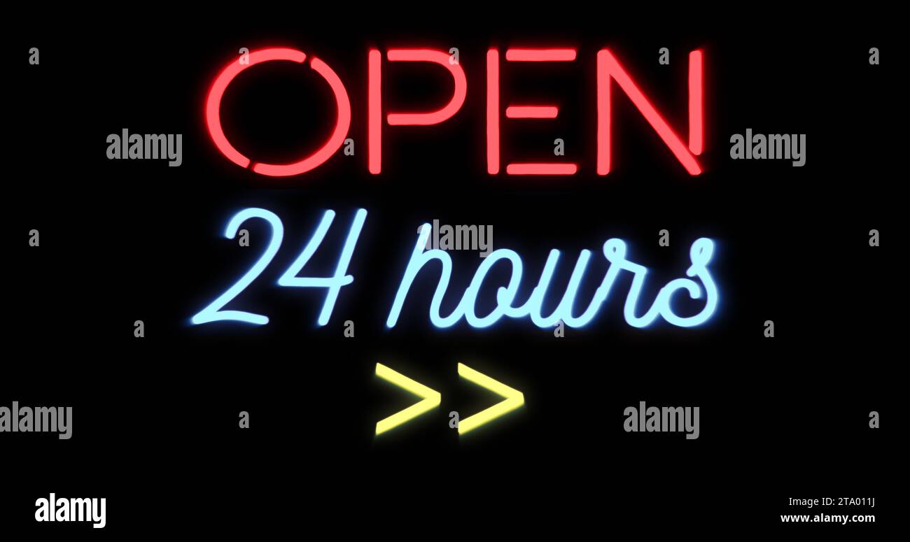 flickering blinking red and blue neon sign on black background, open