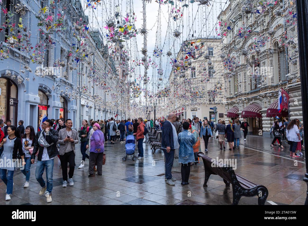 Moscow, Russia - june 11, 2018- A walk on Nikolskaya Street decorated with lanterns Stock Photo