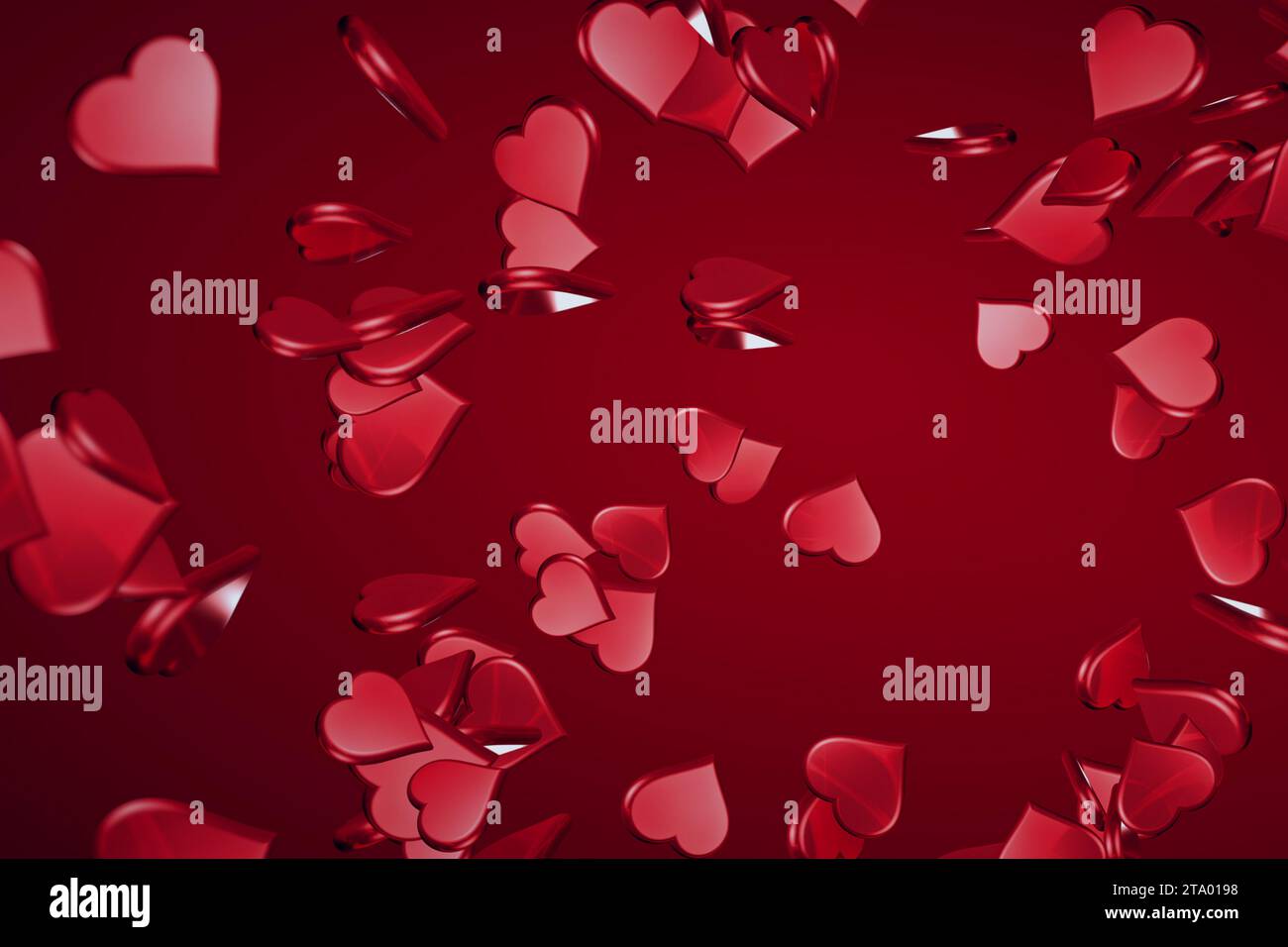 falling valentine day red hearts shape with explosion on red gradient ...