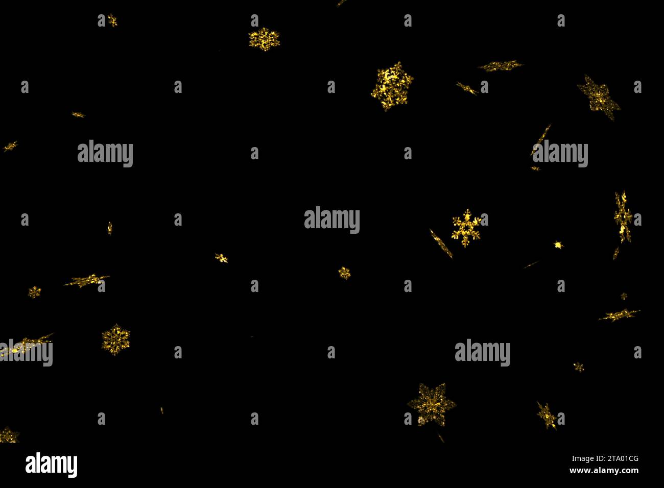 abstract gold glitter sparkle christmas snowflakes falling down snow from top, winter holiday xmas seamless loop on black background Stock Photo