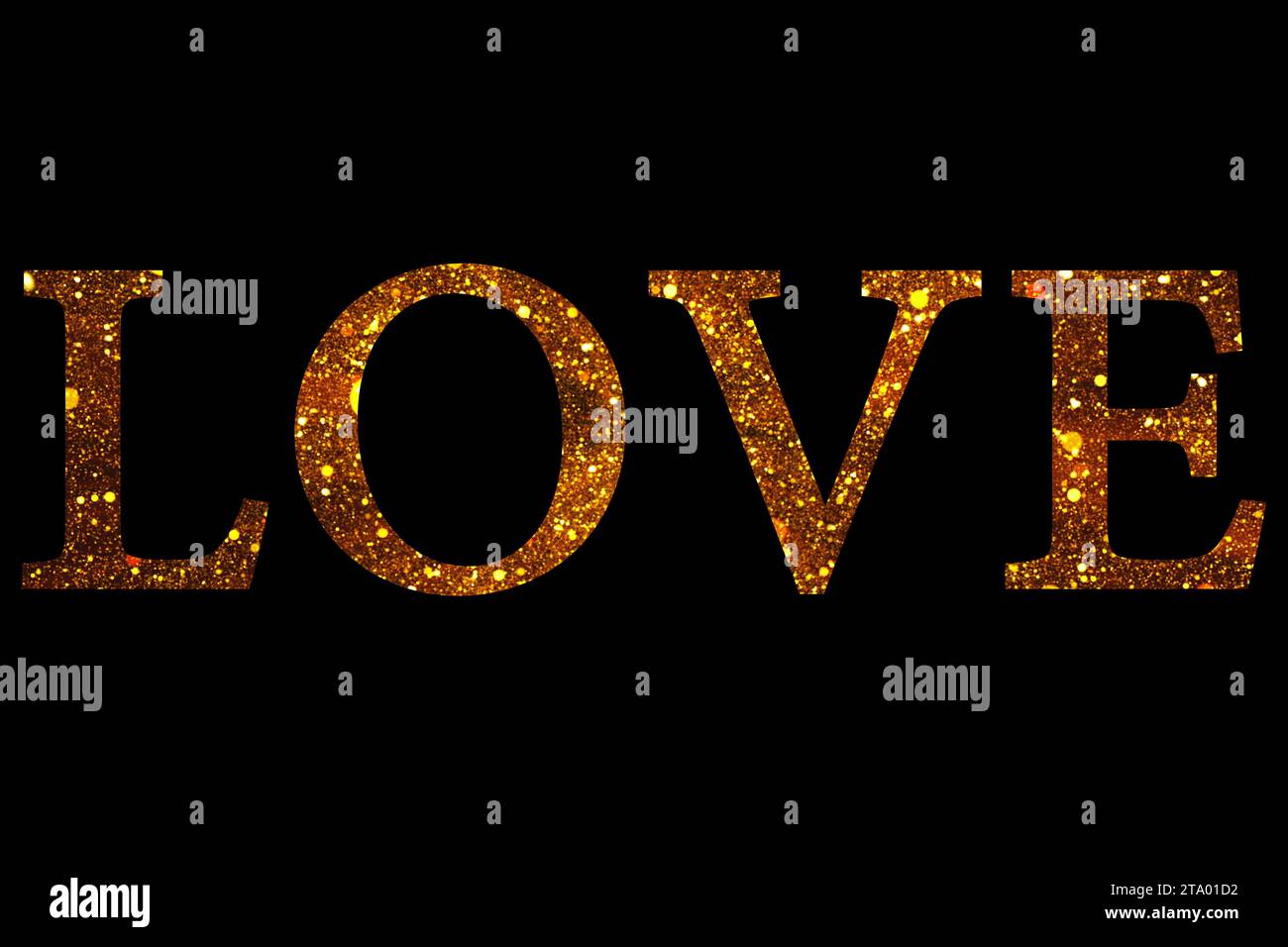 gold glitter sparkle particles love word shape on black background, holiday festive valentine day love concept Stock Photo