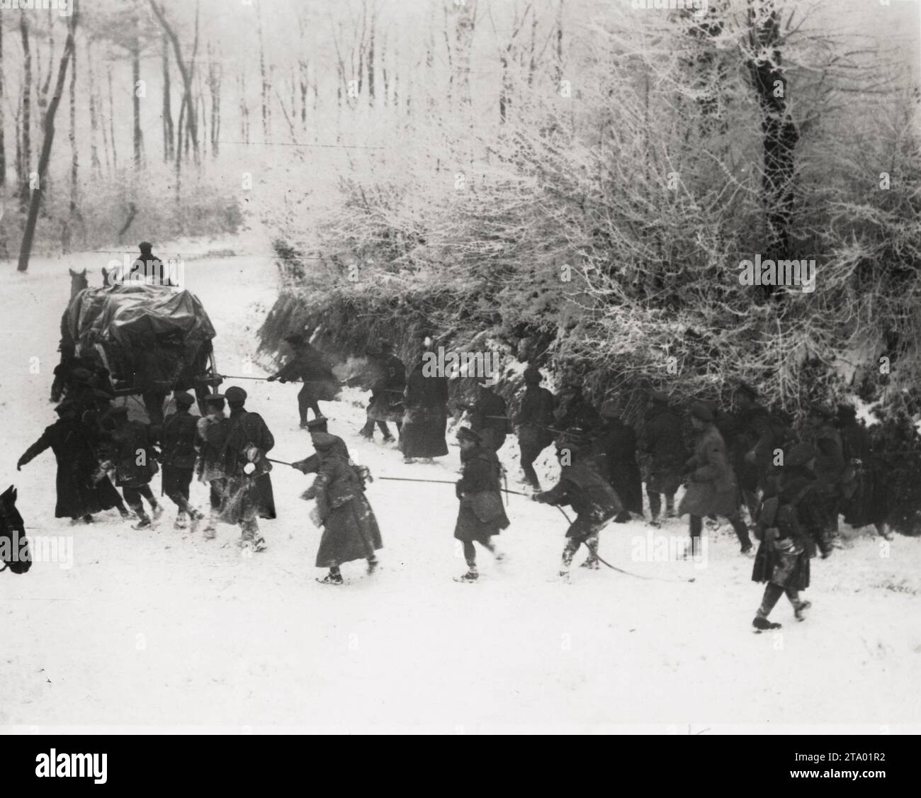 WW1 World War I - Troops pulling a transport wagon in snowbound France Stock Photo