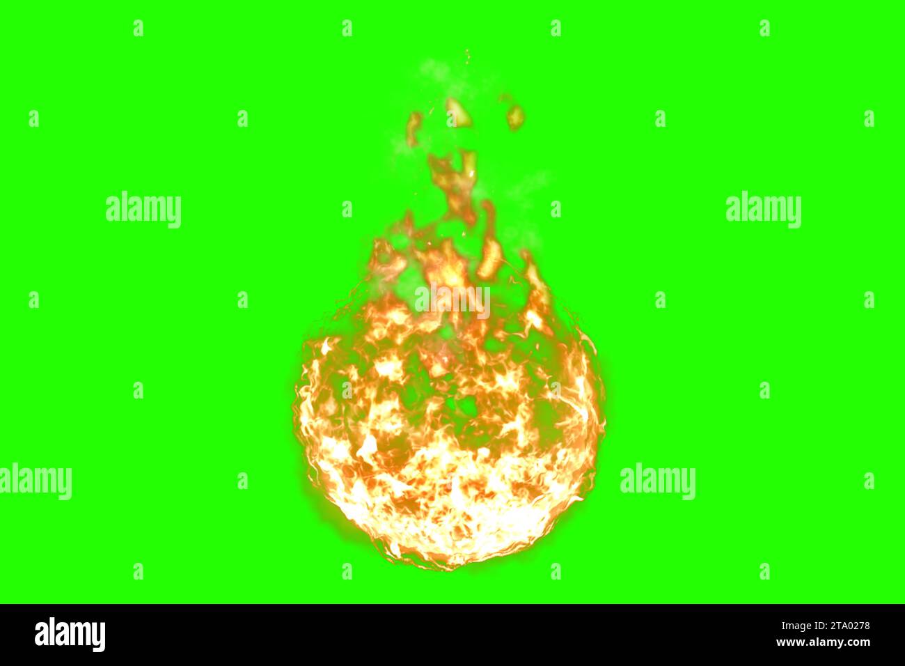 3D rendering, ball of flame fire with smoke in chroma key green screen background, dangerous flame concept Stock Photo