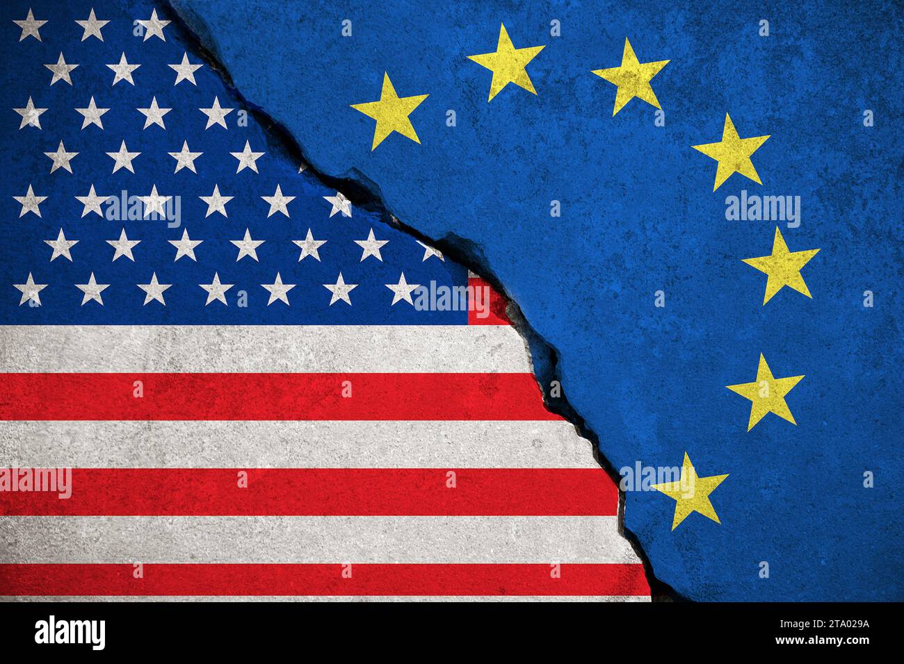 blue european union EU flag on broken wall and half usa united states of america flag, crisis trump president and europe euro concept Stock Photo